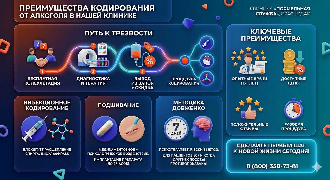 Инфографика о методах кодирования от алкоголя в Вольно-Надеждинском: инъекции, подшивание, метод Довженко. Преимущества клиники и этапы лечения.
