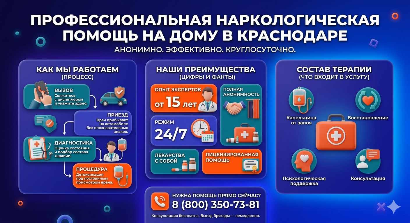Инфографика о принципах лечения алкоголизма на дому в Вольно-Надеждинском: этапы вызова нарколога, преимущества анонимной детоксикации и состав медицинской помощи.